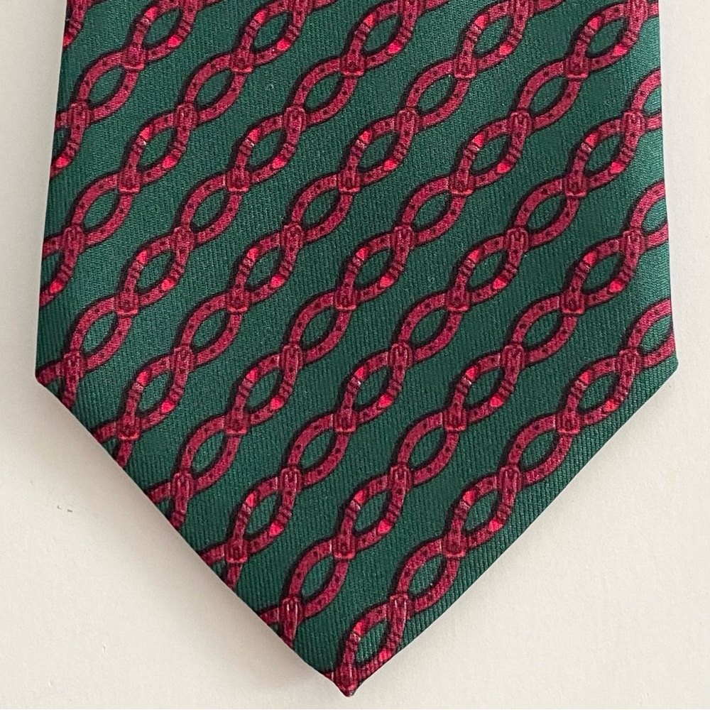 HERMÈS Paris 7021 TA Green Magenta Belt Design Print 100% Silk Tie Necktie